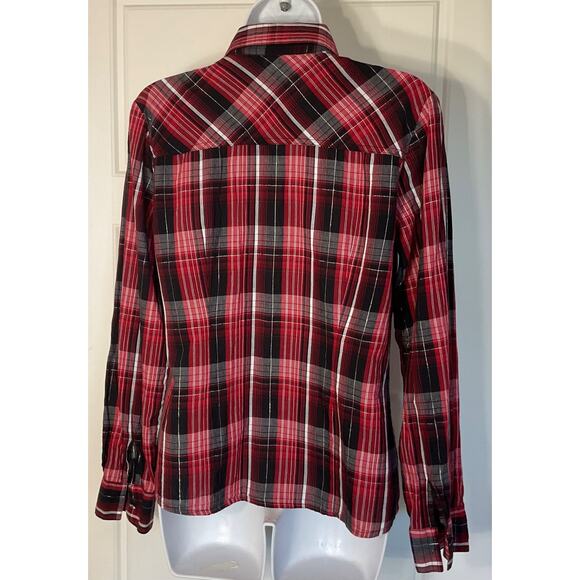Cato Red Black Plaid W/Silver Thread Long Sleeve Fitted Pockets Western Shirt M - Picture 3 of 7